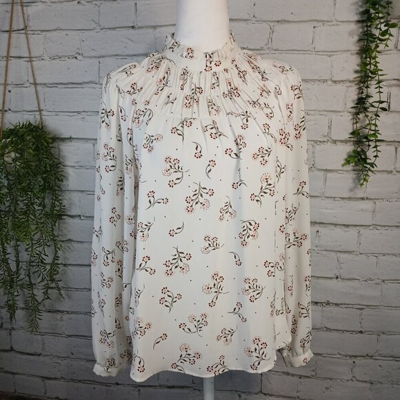 LOFT Tops - WOMENS LOFT BLOUSE CREAM FLORAL DESIGN RUFFLE NECK LONG SLEEVE CAREER  XS